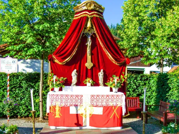 Świąteczny ołtarz, przed nim leży dywan z kwiatów jako ozdoba. Litery "JHS" na dywanie to pierwsze litery imienia Chrystusa po łacinie.