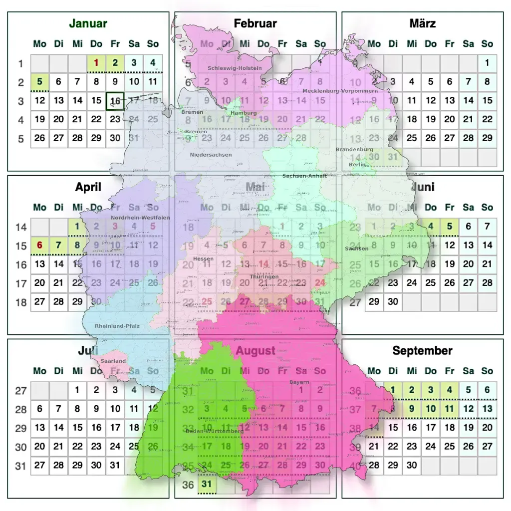 Календари праздников и школьных каникул по федеральным землям Германии